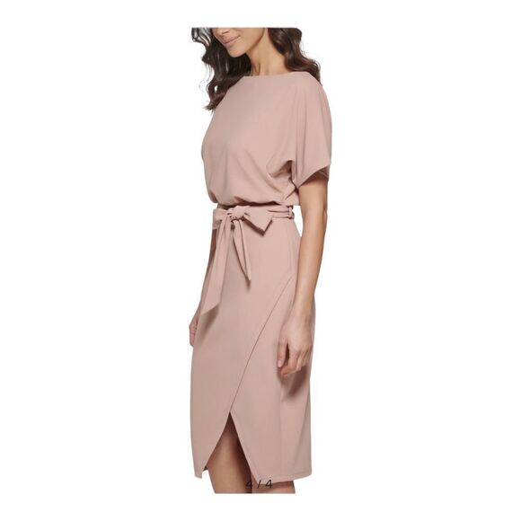 Kensie Womens Tan Tie Front Blouson Wrap Dress Belted Short Sleeves 10 NWT - Picture 4 of 12